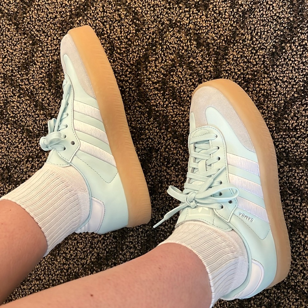 adidas Originals Sambae sneakers in light blue and white with gum sole